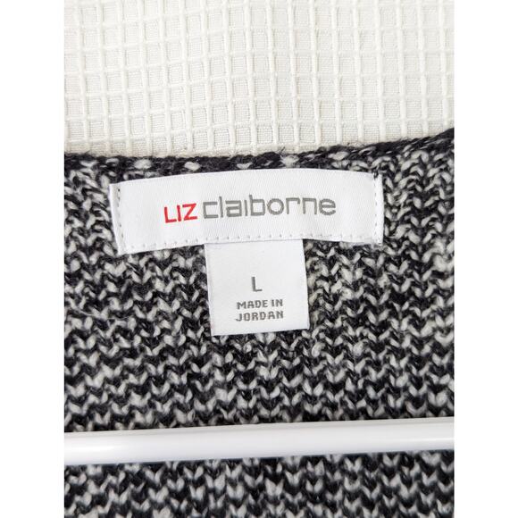 LIZ CLAIBORNE! BLACK, WHITE MICRO WEAVE OVERSIZED CARDI SWEATER! SZ L - Picture 6 of 9